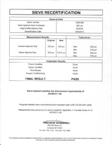 Sample Sieve Recertification Certificiate